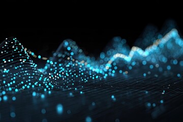 Abstract visualization of data flow with glowing blue dots and a wavy line on a dark backdrop