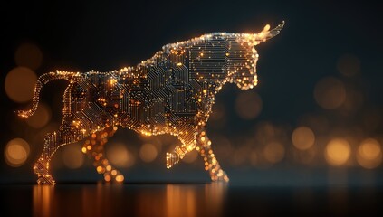 A digital bull illustration, with circuits and golden bokeh, symbolizing financial growth