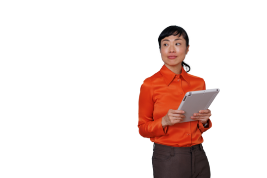 Asian businesswoman holding digital tablet, thinking, looking away, planning, analyzing solution on transparent background