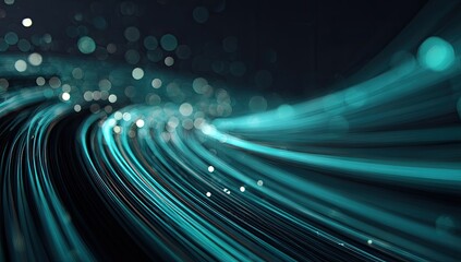 Abstract digital depiction of flowing turquoise lines with bokeh and blurred lighting effects