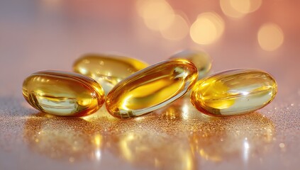 Close-up photo of five golden, oval capsules, glistening on a sparkly, rose-gold surface, with blurred lights