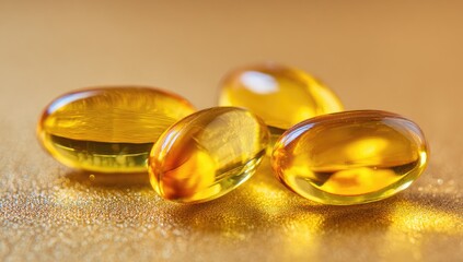 Close-up shot of four translucent, golden-yellow capsules, possibly supplements, scattered on a shimmering surface