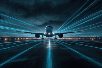 Front view of a plane on a runway at night, with lights creating streaks towards the camera