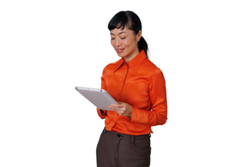 Asian business woman using digital tablet, browsing online, working with technology, transparent background for easy use