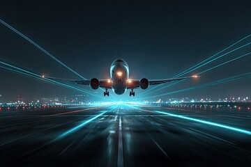 A passenger jet takes off at night, surrounded by bright blue streaks of light