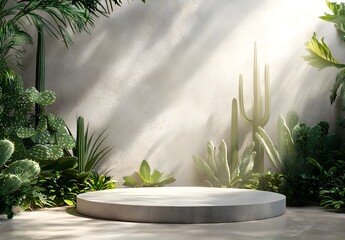 Photo of a natural podium surrounded by cacti and plants in an earthy environment