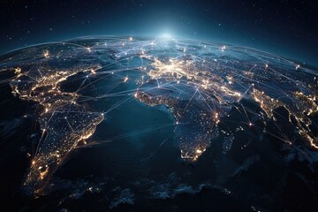 Night view of Earth, showing city lights and interconnecting lines