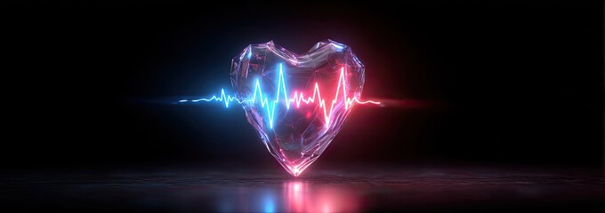 A glowing heart-shaped object with an illuminated heartbeat in shades of blue and red