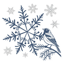 Charming bird perched on a pine branch surrounded by delicate snowflakes and a large snowflake design