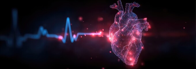 A digital depiction of a glowing human heart and pulse, representing health and medical science