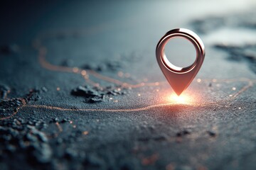 A shiny metallic location marker sits above a detailed dark map with glowing lines