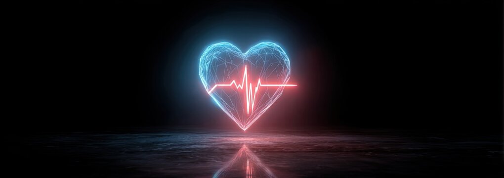 A glowing heart shape with a pulse line in a dark room with a reflective surface. 3D art design