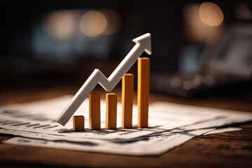 An upward arrow superimposed on a bar chart, indicating growth, rests on a document