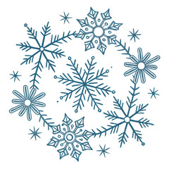 Hand drawn blue snowflake pattern arranged in a circular wreath with smaller stars on a white background
