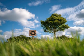 A wooden sign with a recycling symbol stands near a tree in a grassy field under a blue sky