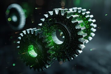 Three metallic gears with neon green accents float against a dark background, with bokeh sparks