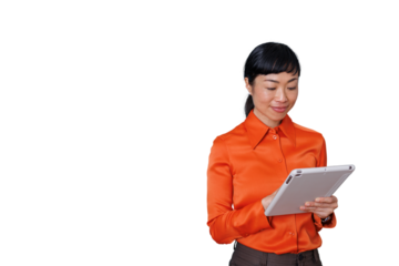Asian businesswoman using a tablet, connecting wirelessly, managing tasks, working remotely with modern technology, transparent background