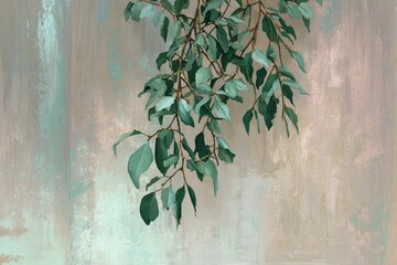 A painting of green leaves and branches over a muted, textured background