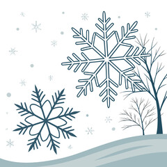 Stylized winter scene with large snowflakes falling on bare trees and snow covered ground