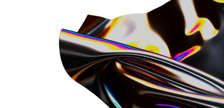 A mesmerizing abstract image showcasing flowing, reflective material with a stunning iridescent effect. Colors include rainbow hues, creating a