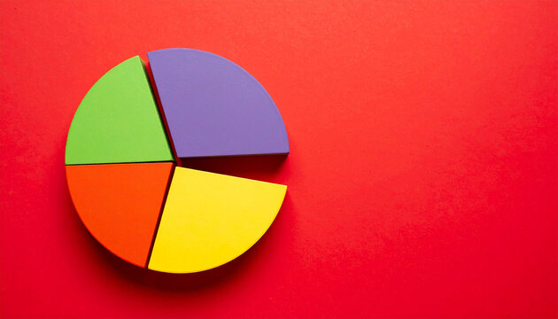 Top-down view of pie chart with 4 distinct segments, red background, infographics, data visualization - Powered by Adobe