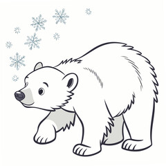 Cute cartoon polar bear walking in the snow with snowflakes falling around it
