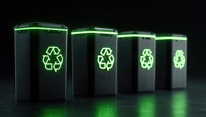 Four glowing black recycling bins with illuminated green recycling symbols arranged in a row