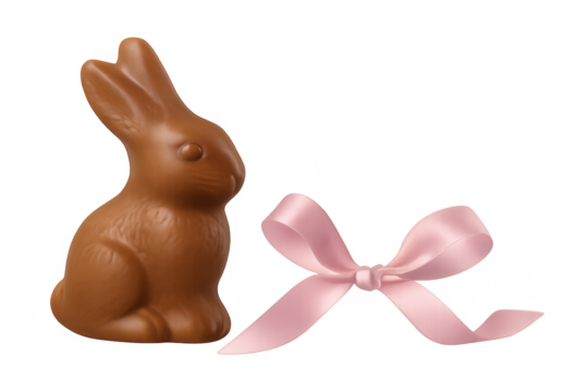Easter chocolate bunny and pink ribbon on transparent background