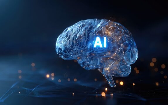 A digital brain illustration with "AI" glowing, set against a dark blue tech backdrop