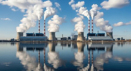 Power plant with smoking chimneys reflected in the water under a cloudy sky