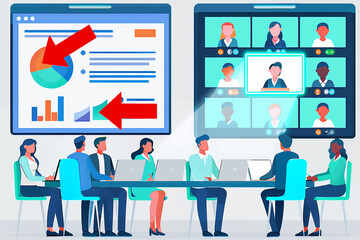 Diverse team collaborates on business strategy during virtual meeting with data analytics presentation