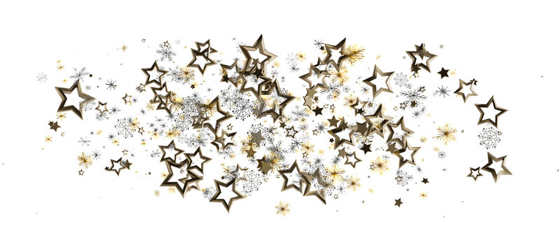 Elegant golden stars, snowflakes and sparkles confetti isolated on a white background. Perfect for holiday designs, Christmas and New Year celeb