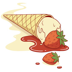 A delicious vanilla ice cream cone has fallen over with strawberries and strawberry syrup on a white background