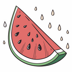 A refreshing slice of watermelon with seeds and water droplets in a playful hand drawn style