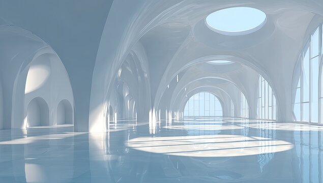 Futuristic interior with light-filled arches, a reflective floor, and large windows