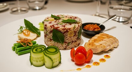Gourmet Plated Meal with Chicken and Fresh Vegetables.