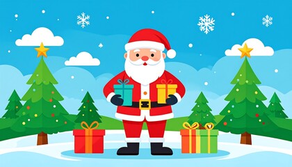 Animated Santa Claus in red suit standing amid snowy landscape with fir trees, gifts, and snowflakes