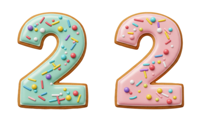Colorful number 2 cookie with icing and sprinkles png isolated on transparent background