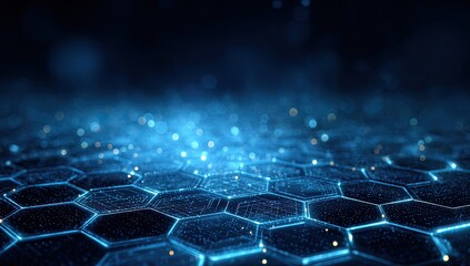 Abstract hexagonal surface with digital circuits, glowing effects, and blue bokeh