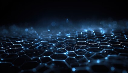 Abstract digital representation of a network, featuring a blue hexagonal grid with illuminated connections