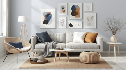 Serene modern living room sanctuary featuring a chic sofa, woven accent chair, and minimalist abstract art for ultimate relaxation and stylish comfort