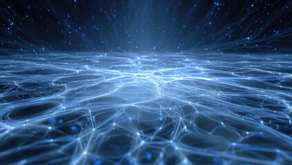 Abstract blue network with glowing particles, suggesting interconnectedness across a digital expanse