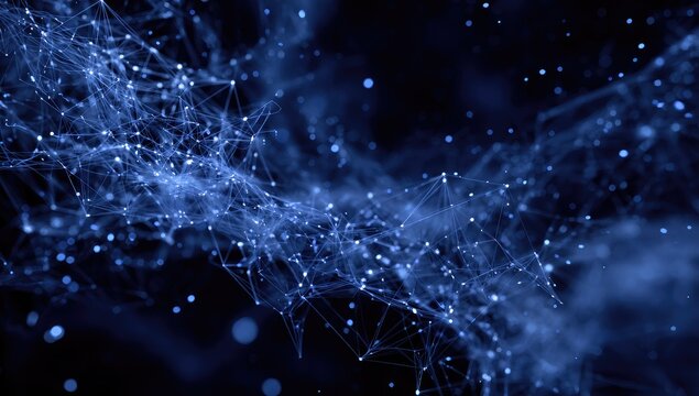 A digital artwork depicting a flowing network of interconnected points and lines in shades of blue