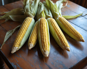 Freshly harvested corn cobs arranged beautifully on a rustic wooden table, showcasing nature’s vibrant colors in a warm kitchen setting