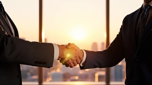 Two businessmen shake hands firmly as they finalize an agreement during sunset. The handshake symbolizes trust and collaboration between the two businessmen in this setting.