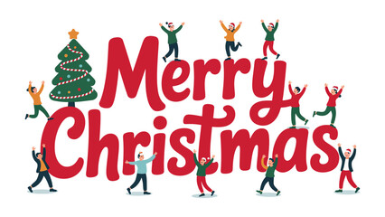 Festive Merry Christmas Greeting: A vibrant illustration shows the joyous spirit of Christmas with people dancing around the text Merry Christmas and decorated Christmas tree. 