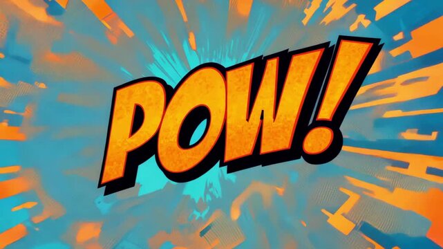 Pow Comic Text Animation on Blue and Orange Burst Background. Pop Art Action Motion Graphics for Fight Scenes.