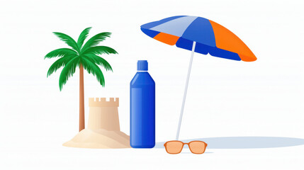 Beach scene featuring palm tree, sandcastle, water bottle, beach umbrella, and sunglasses evokes sense of relaxation and fun