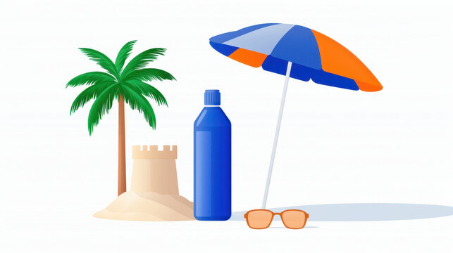 Beach scene featuring palm tree, sandcastle, water bottle, beach umbrella, and sunglasses evokes sense of relaxation and fun - Powered by Adobe