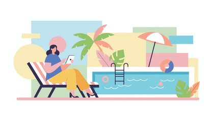 Fototapeta premium Digital nomad relaxing by the pool with a tablet flat illustration
